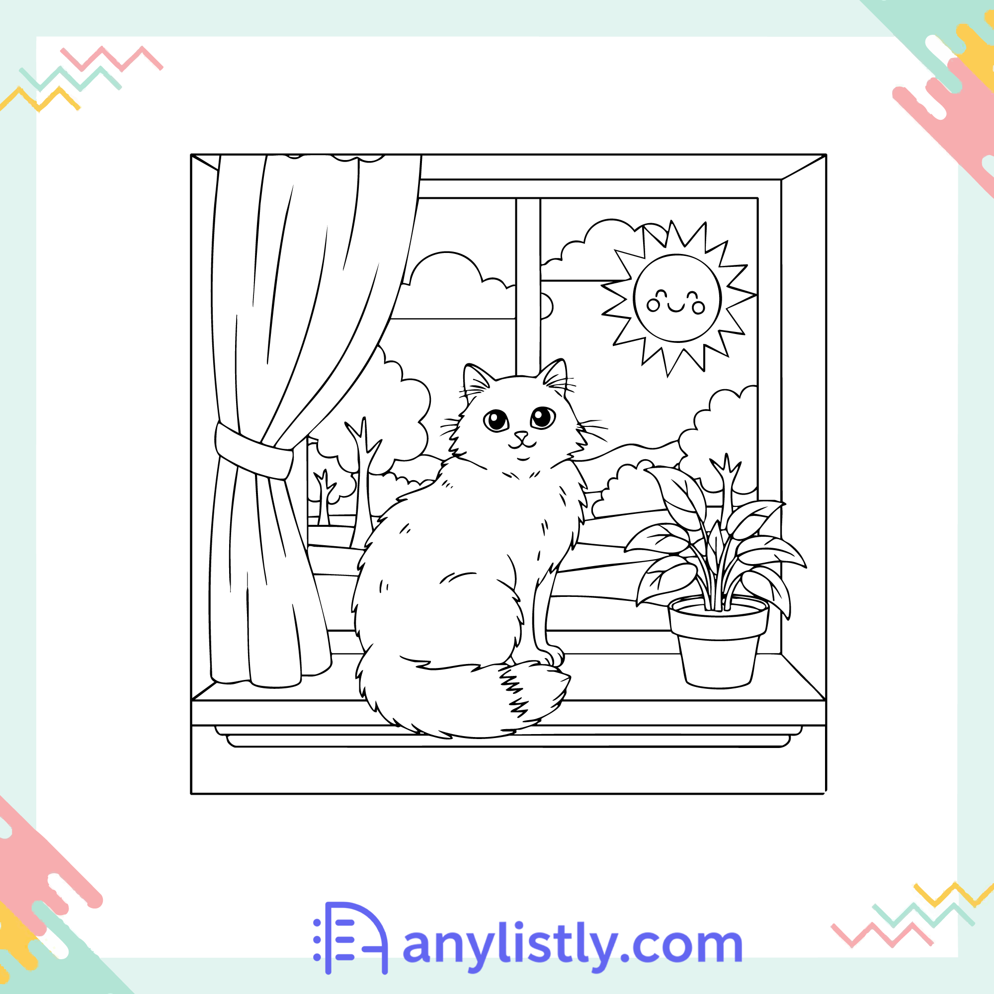 Cat on Window Sill Coloring Page