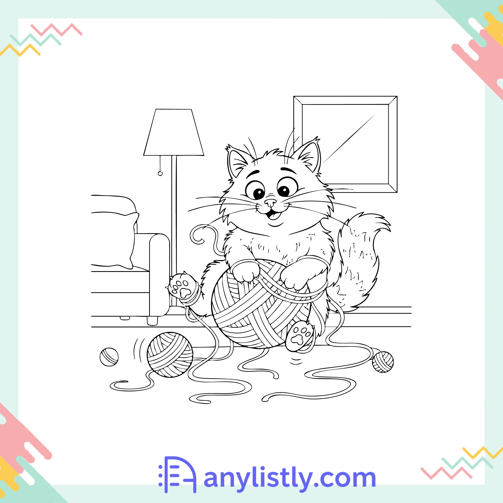 Playful Cat with Yarn Coloring Page